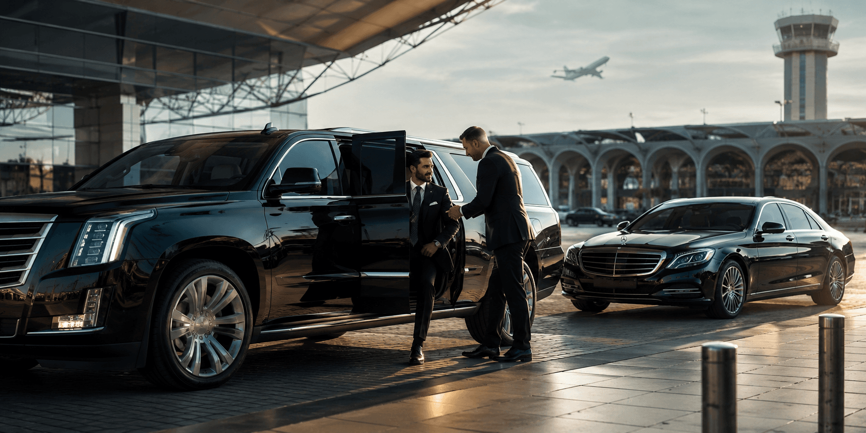 Professional chauffeur opening a luxury vehicle door for a passenger at a Belgian airport
