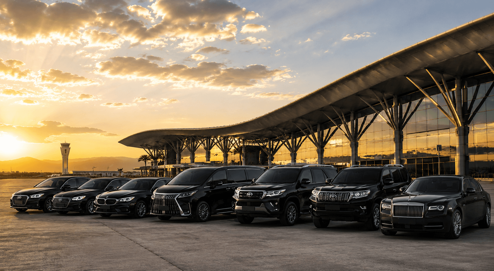 Premium airport transfer fleet at a Belgian airport terminal