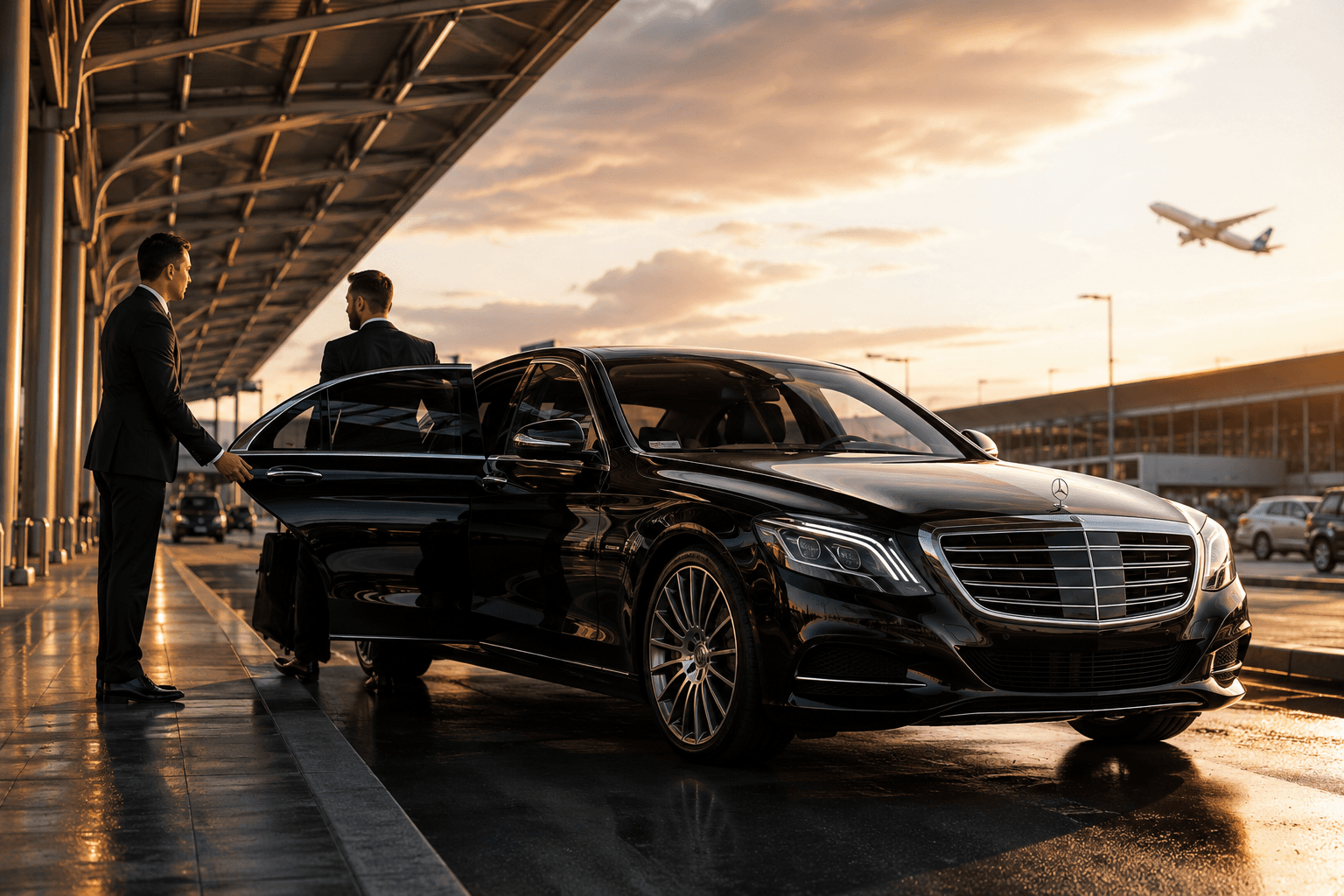 Professional chauffeur and Mercedes-Benz van for airline crew transportation at Brussels Airport Zaventem